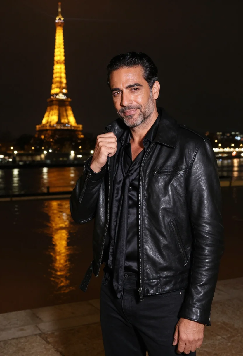 AI saint laurent trocadero night leather black sample — portrait of a man, a Portuguese man in his early forties wit