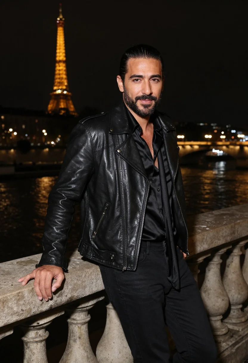 AI saint laurent trocadero night leather black sample — portrait of a man, a Spanish man in his late thirties with t