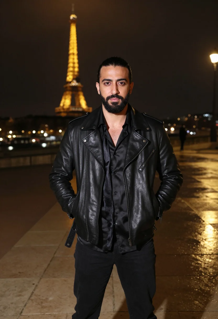 AI saint laurent trocadero night leather black sample — portrait of a man, an Algerian man in his early thirties wit