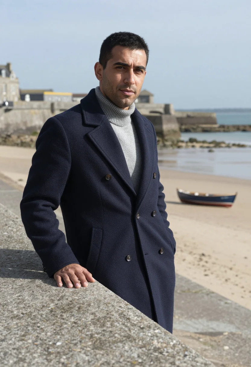 AI saint malo shipowner granite rampart navy sample — portrait of a man, a shipowner in his mid-forties with olive