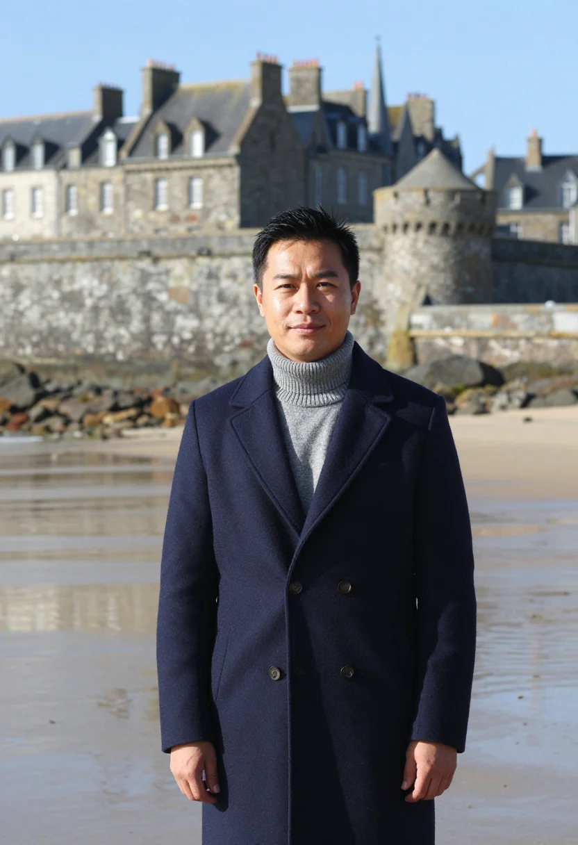 AI saint malo shipowner granite rampart navy sample — portrait of a man, a shipowner of Vietnamese descent in his