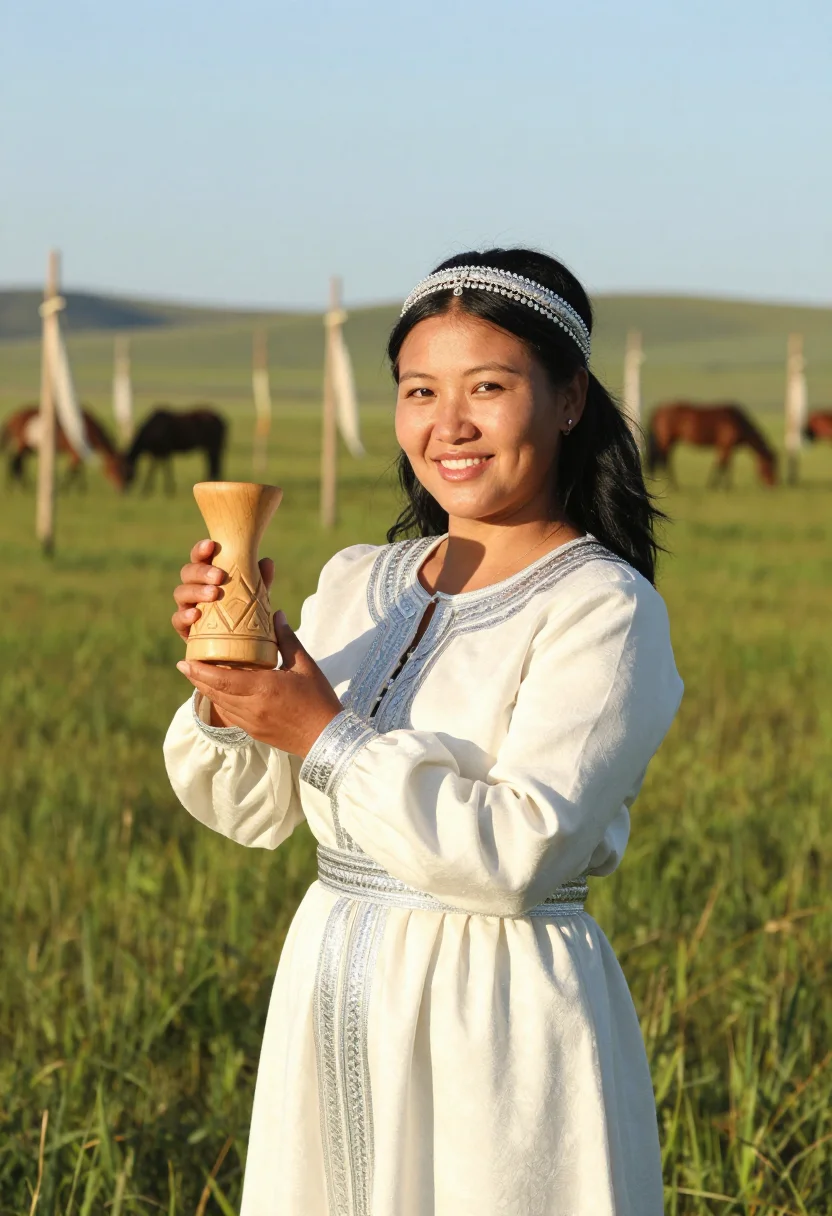 AI sakha ilin kebiher sample — candid half-length festival portrait of a Sakha woman with w