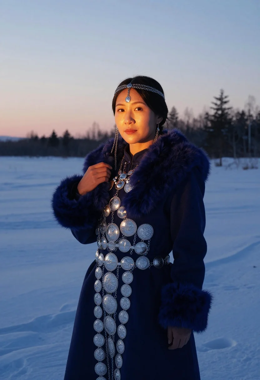 AI sakha ilin kebiher sample — candid three-quarter-length portrait of a Sakha woman with w