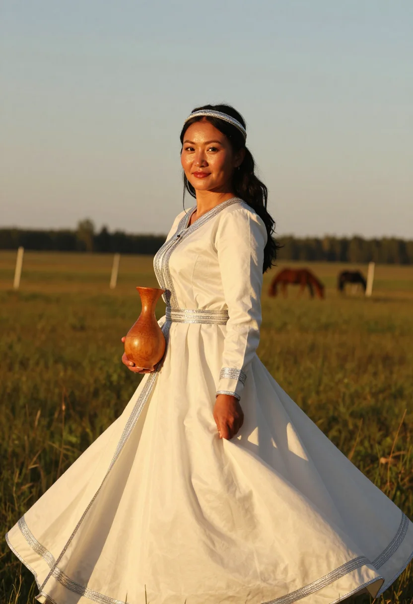 AI sakha ilin kebiher sample — candid three-quarter-length festival portrait of a Sakha wom