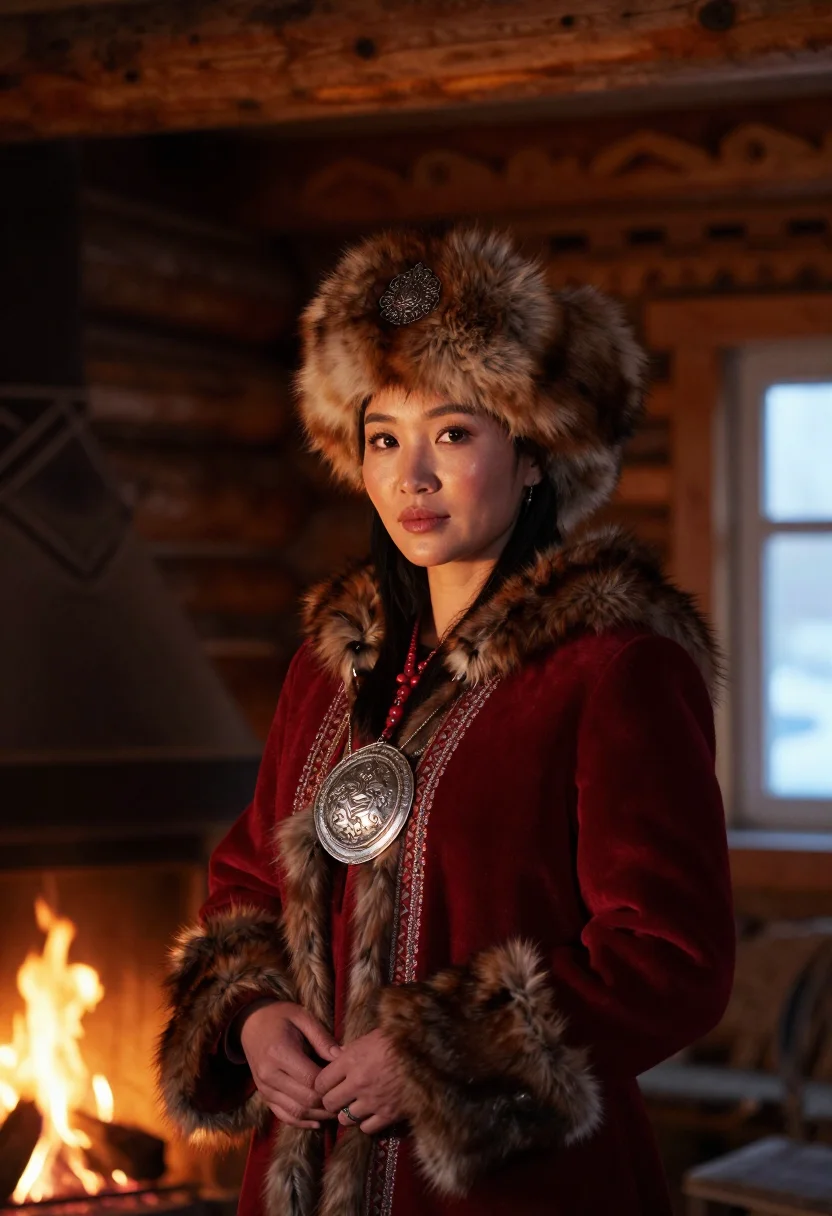AI sakha ilin kebiher sample — candid half-length portrait of a Sakha woman with warm bronz