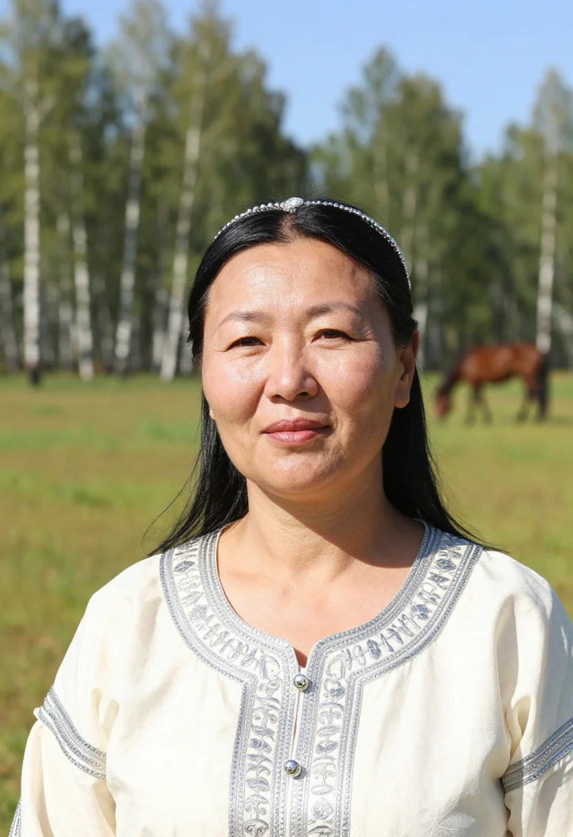 AI sakha ilin kebiher sample — candid bust-length festival portrait of a Yakut woman with w