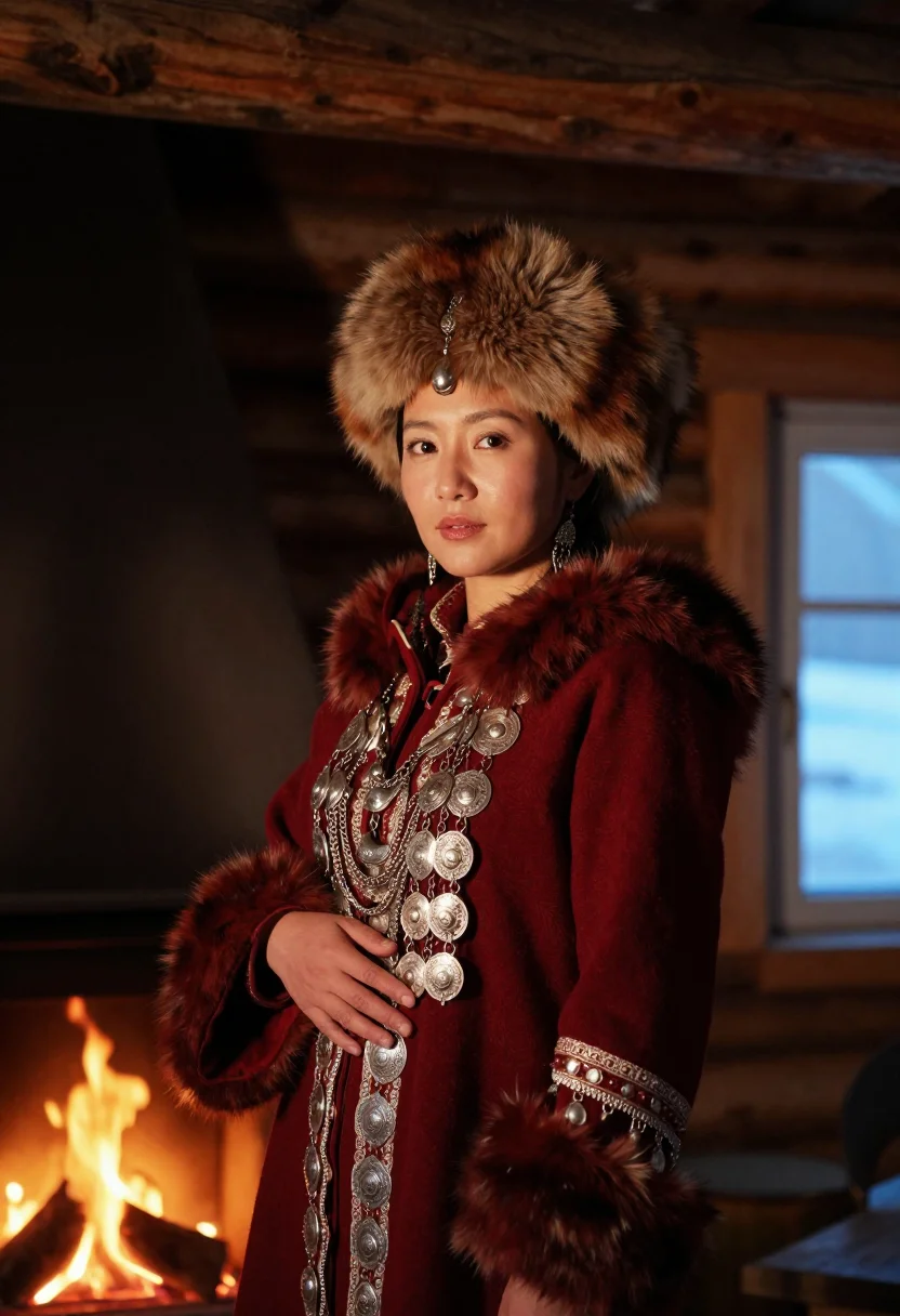 AI sakha ilin kebiher sample — candid three-quarter-length portrait of a Sakha woman with w