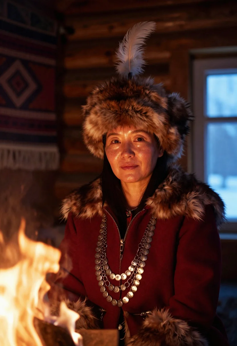 AI sakha ilin kebiher sample — candid bust-length portrait of a Yakut woman with warm amber