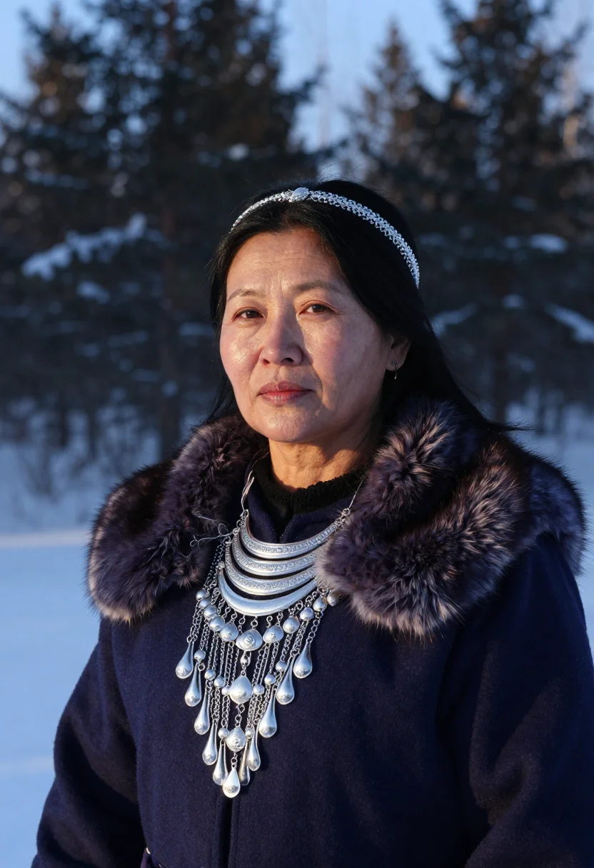 AI sakha ilin kebiher sample — candid bust-length portrait of a Yakut woman with warm sun-w