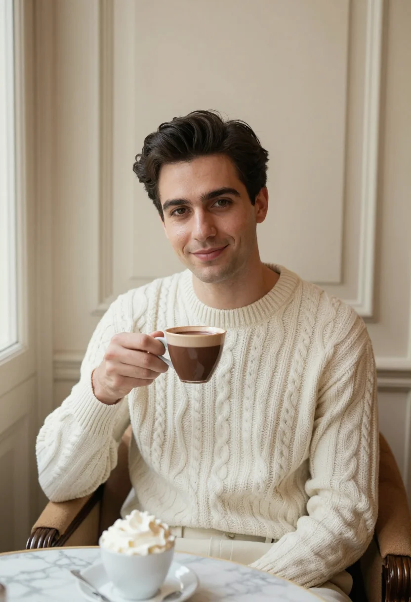AI salon de the angelina cream sample — portrait of a man, framed tight, head and shoulders, the bod