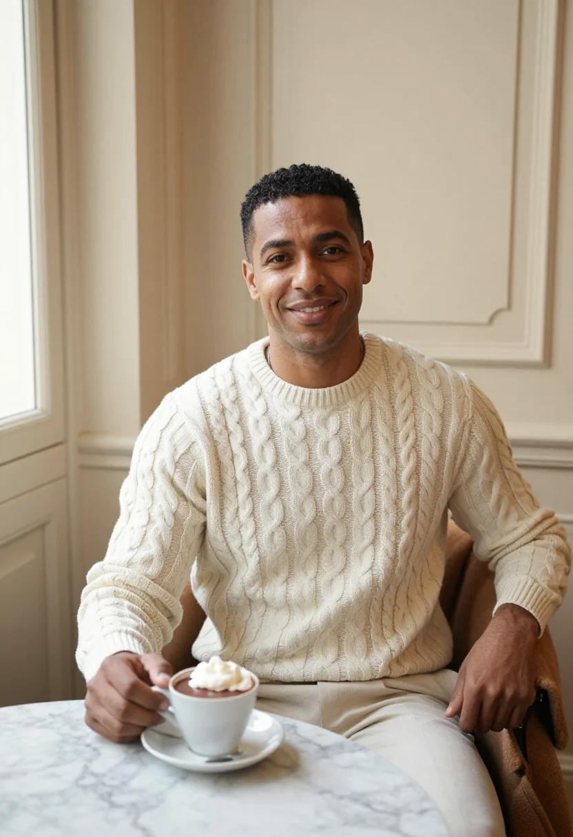AI salon de the angelina cream sample — portrait of a man, framed half-length from the waist up, the