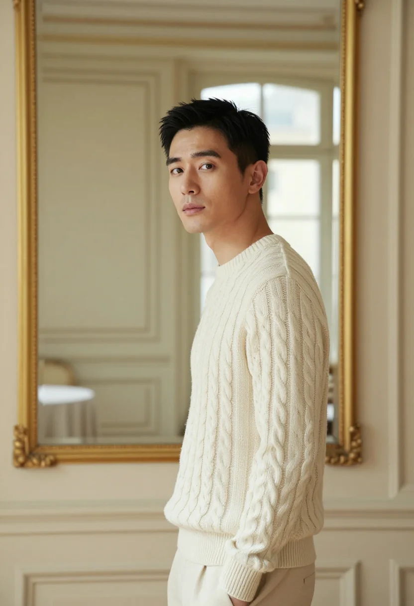 AI salon de the angelina cream sample — portrait of a man, framed chest-up, the crop at the ribs, th