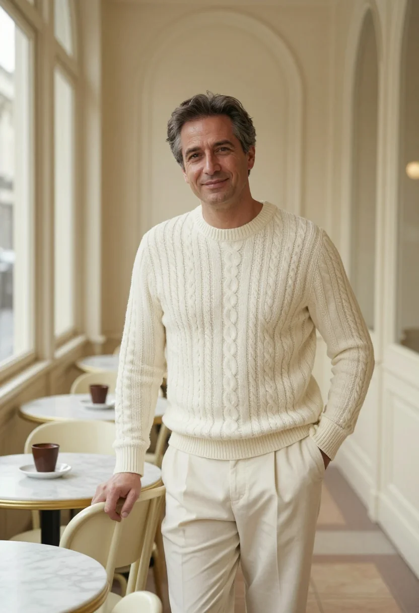 AI salon de the angelina cream sample — portrait of a man, framed half-length from the waist up, the