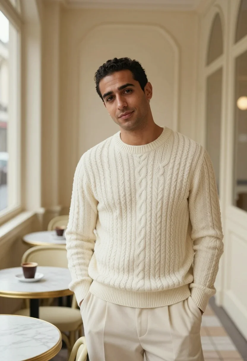 AI salon de the angelina cream sample — portrait of a man, framed chest-up, the crop at the ribs, th