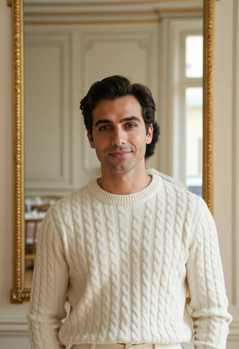 AI salon de the angelina cream sample — portrait of a man, framed tight, head and shoulders, the bod