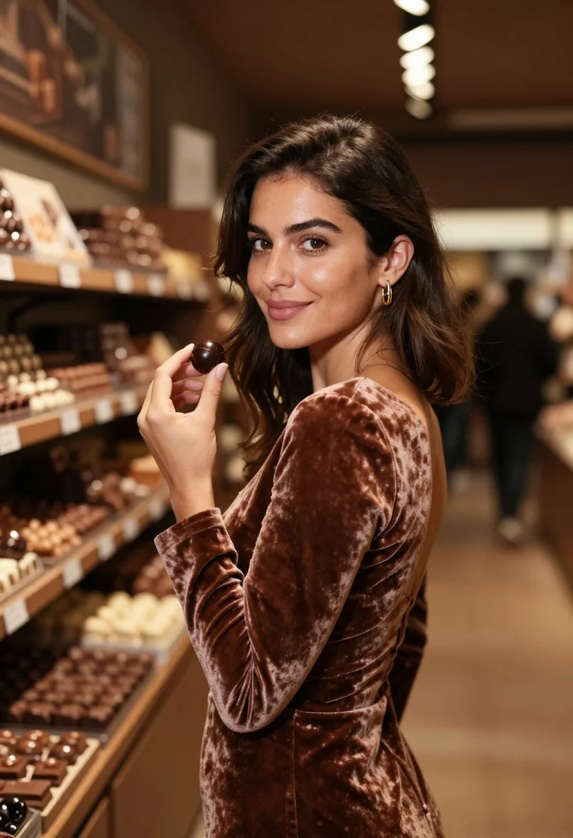 AI salon du chocolat november cocoa sample — portrait of a woman, framed tight, head and shoulders, the b