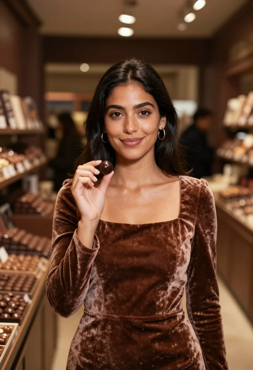AI salon du chocolat november cocoa sample — portrait of a woman, framed chest-up, the camera at eye leve