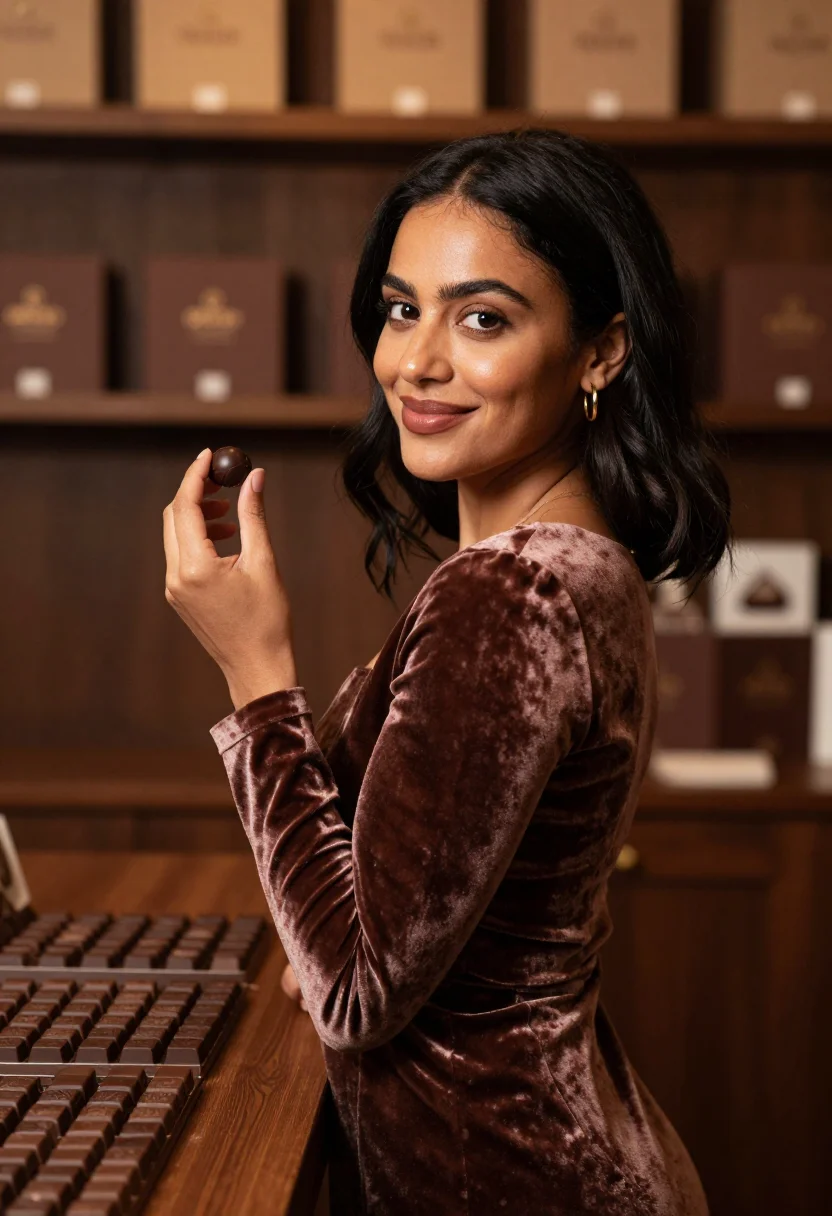 AI salon du chocolat november cocoa sample — portrait of a woman, framed half-length from the head to the