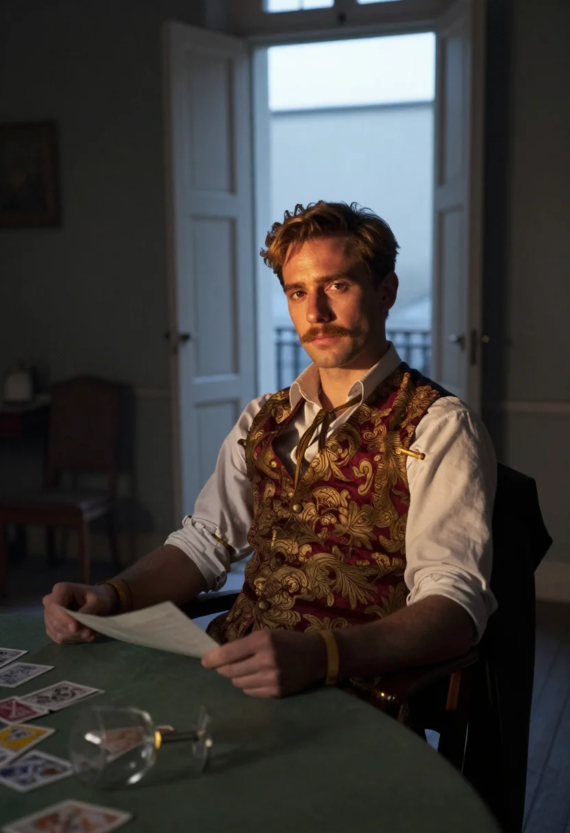 AI saloon gambler sample — portrait of a man, tight chest-up portrait of a Western-Euro