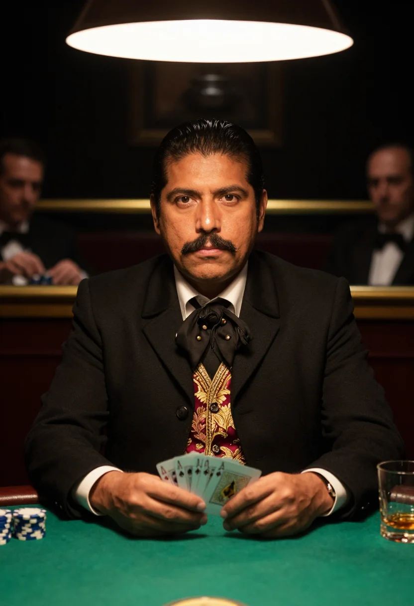 AI saloon gambler sample — portrait of a man, tight chest-up portrait of a Mexican-Amer