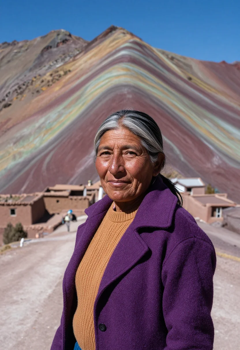 AI salta geologist rainbow mountain palette sample — portrait of a woman, a Quechua geologist in her mid-fifties