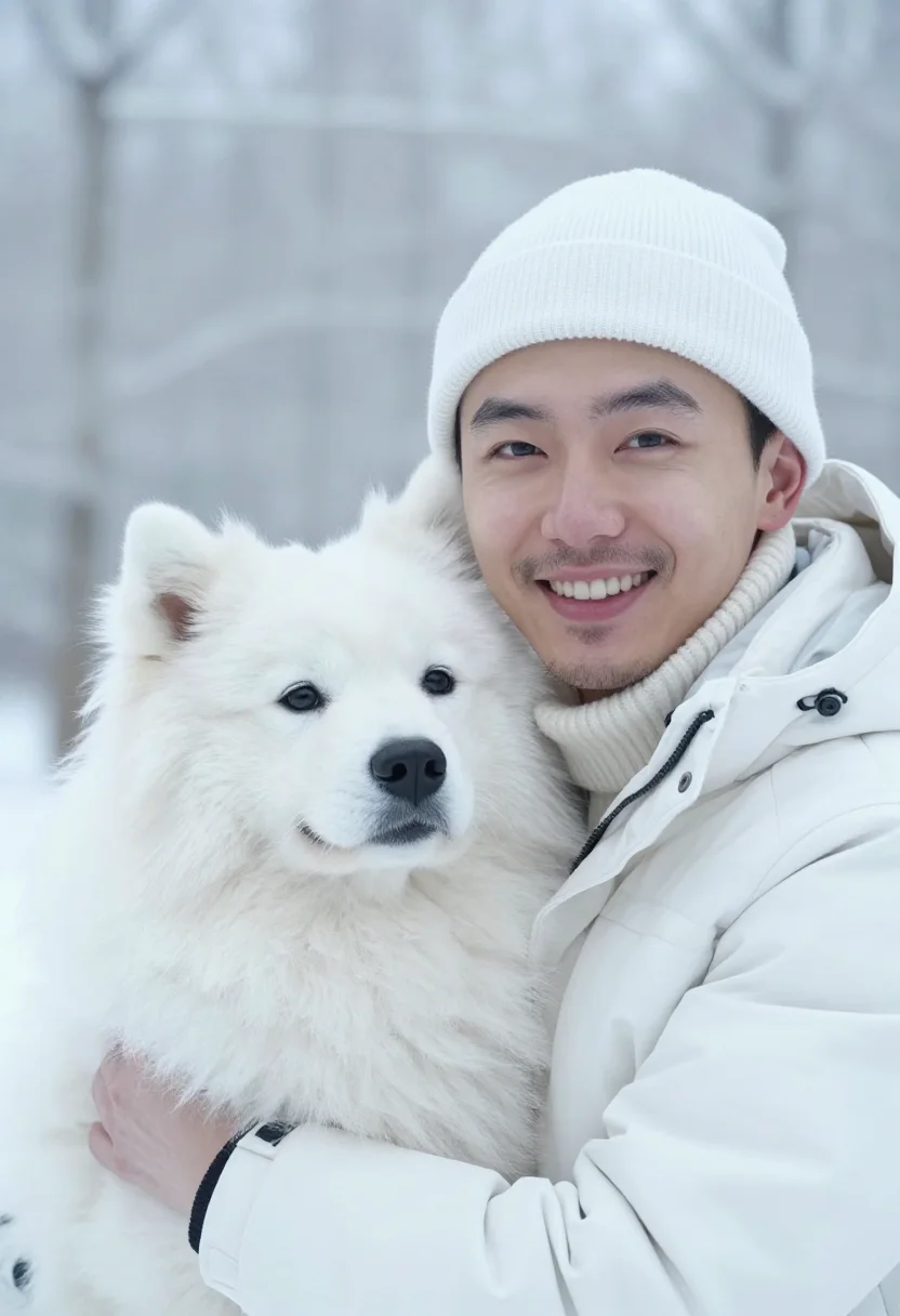 AI samoyed snow white sample — portrait of a man, tight headshot of an East-Asian man in hi