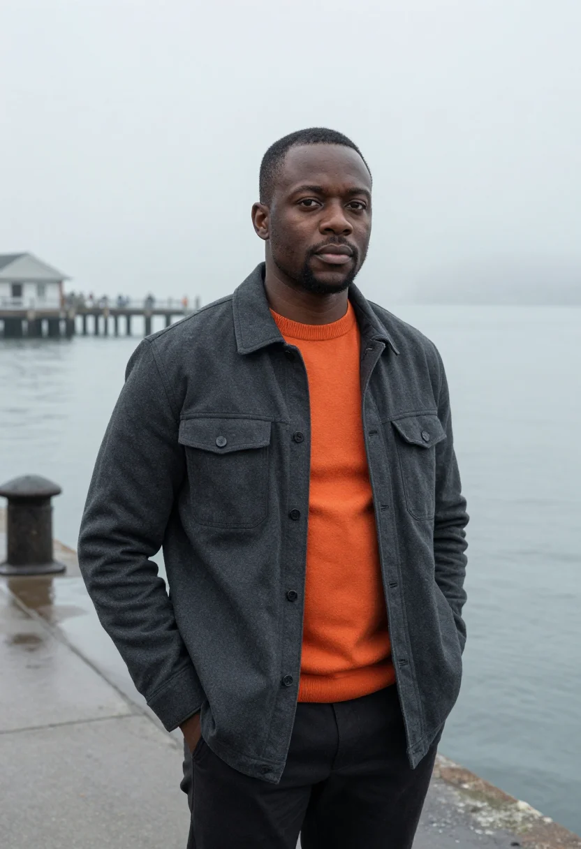 AI san francisco ai researcher fog orange sample — portrait of a man, half-length portrait of a Nigerian-Americ