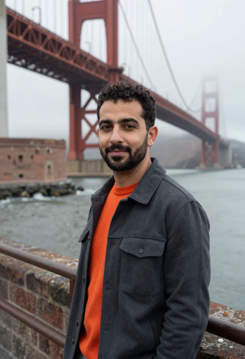AI san francisco ai researcher fog orange sample — portrait of a man, chest-up portrait of an Israeli-American