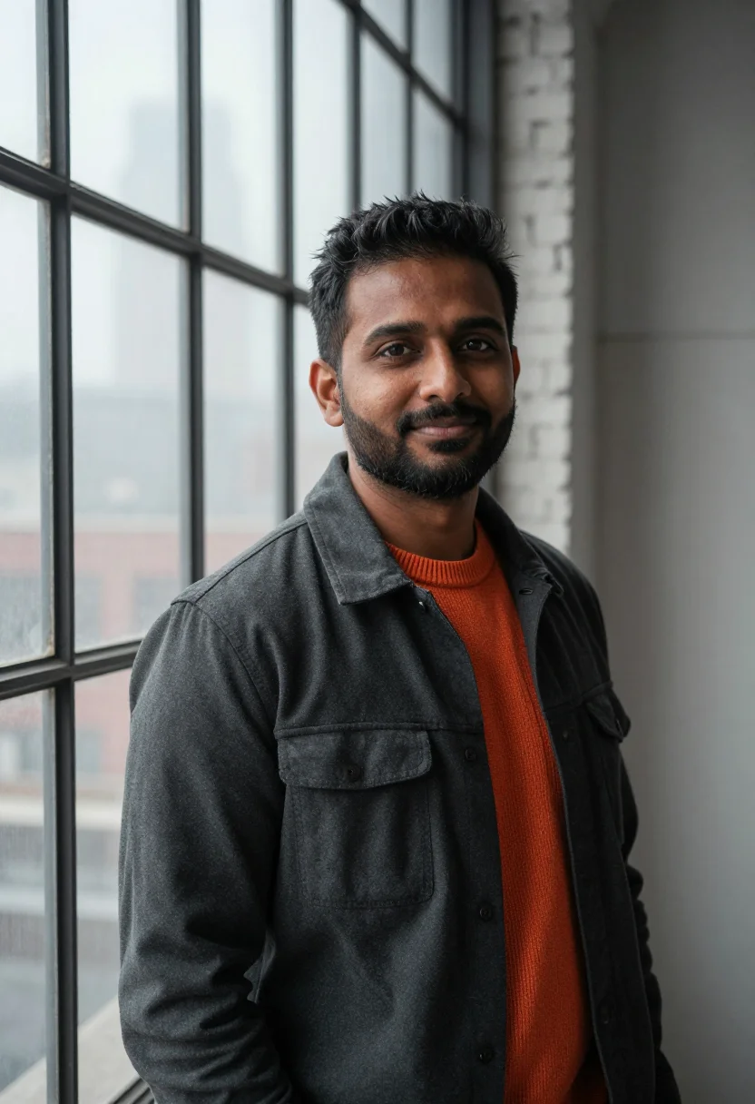 AI san francisco ai researcher fog orange sample — portrait of a man, chest-up portrait of an Indian-American m
