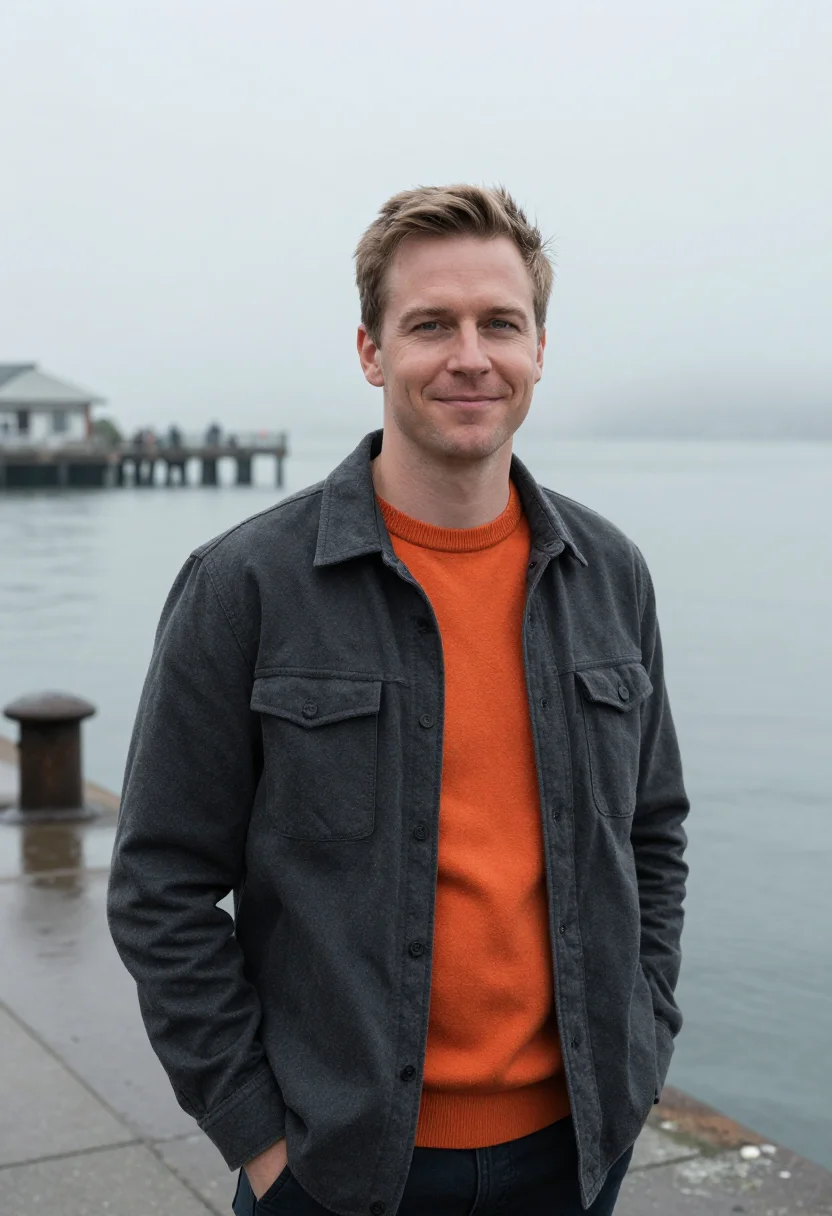 AI san francisco ai researcher fog orange sample — portrait of a man, chest-up portrait of a Dutch-American man