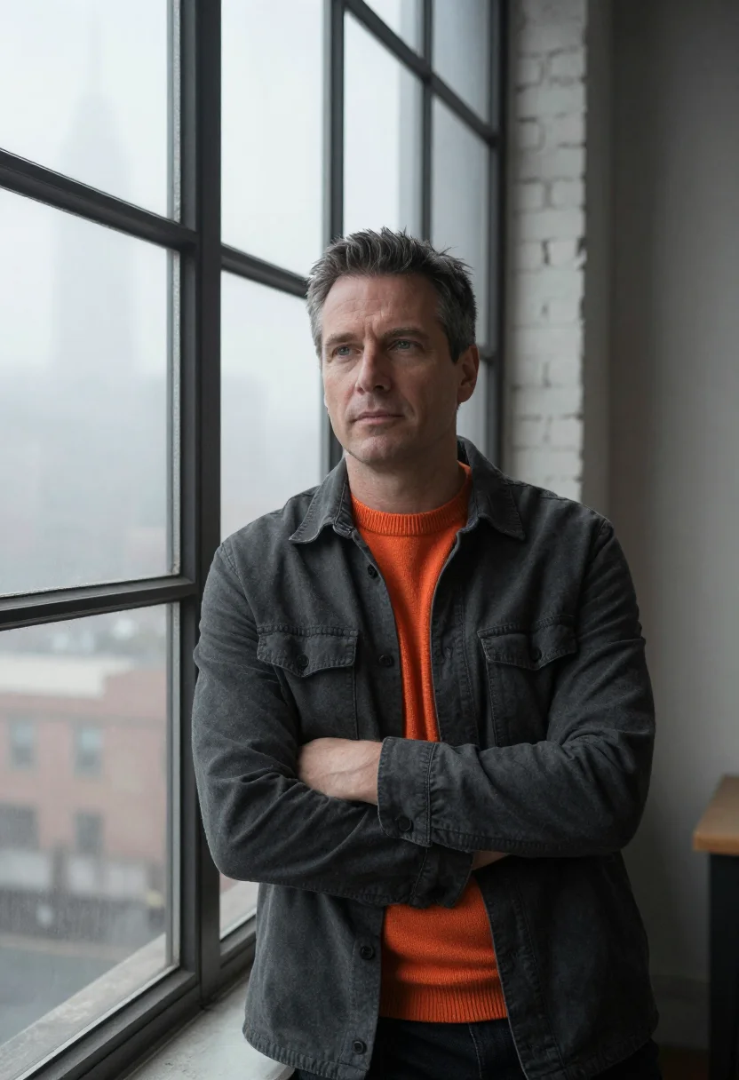 AI san francisco ai researcher fog orange sample — portrait of a man, half-length portrait of a French-American