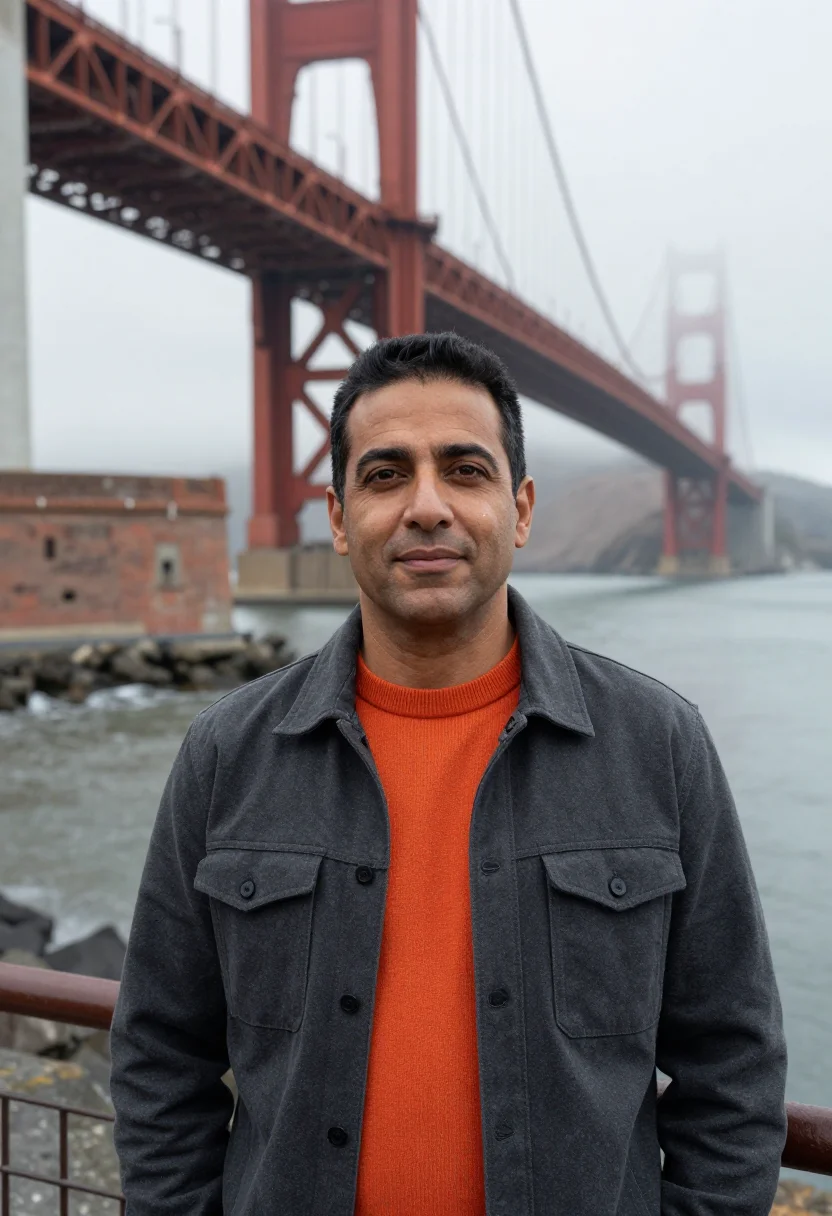 AI san francisco ai researcher fog orange sample — portrait of a man, head-and-shoulders portrait of an Italian