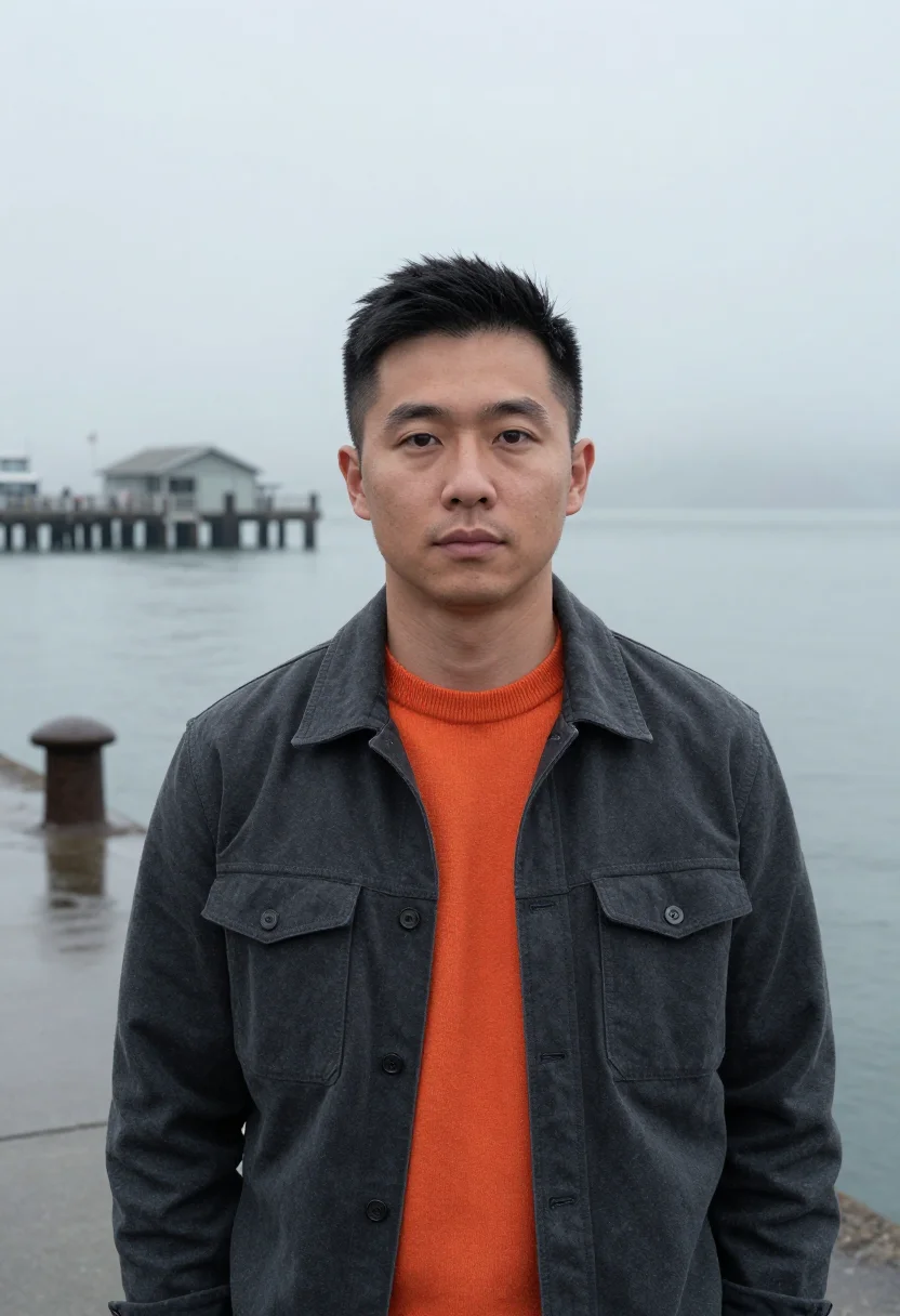 AI san francisco ai researcher fog orange sample — portrait of a man, head-and-shoulders portrait of a Chinese-