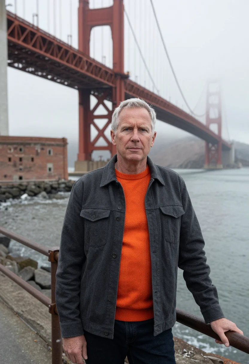 AI san francisco ai researcher fog orange sample — portrait of a man, half-length portrait of an English-Americ