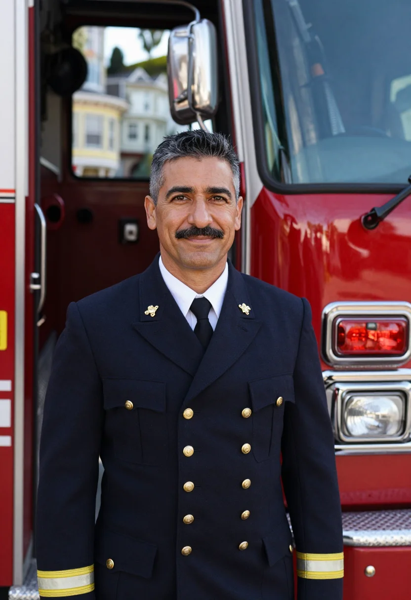 AI san francisco firehouse captain red brass sample — portrait of a man, of Italian-American descent, in his late