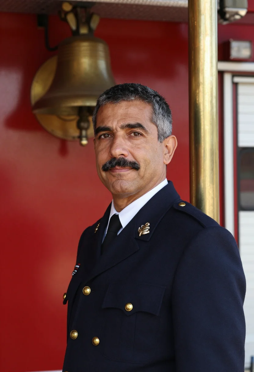 AI san francisco firehouse captain red brass sample — portrait of a man, of Italian-American descent, in his late