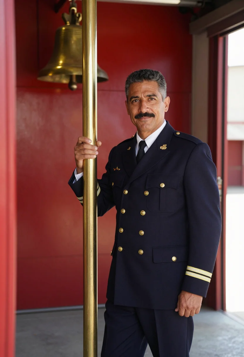 AI san francisco firehouse captain red brass sample — portrait of a man, of Italian-American descent, in his late