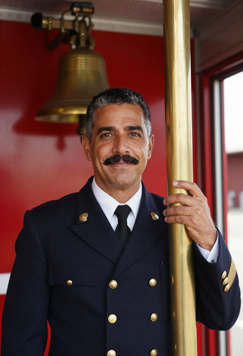 AI san francisco firehouse captain red brass sample — portrait of a man, of Italian-American descent, in his late