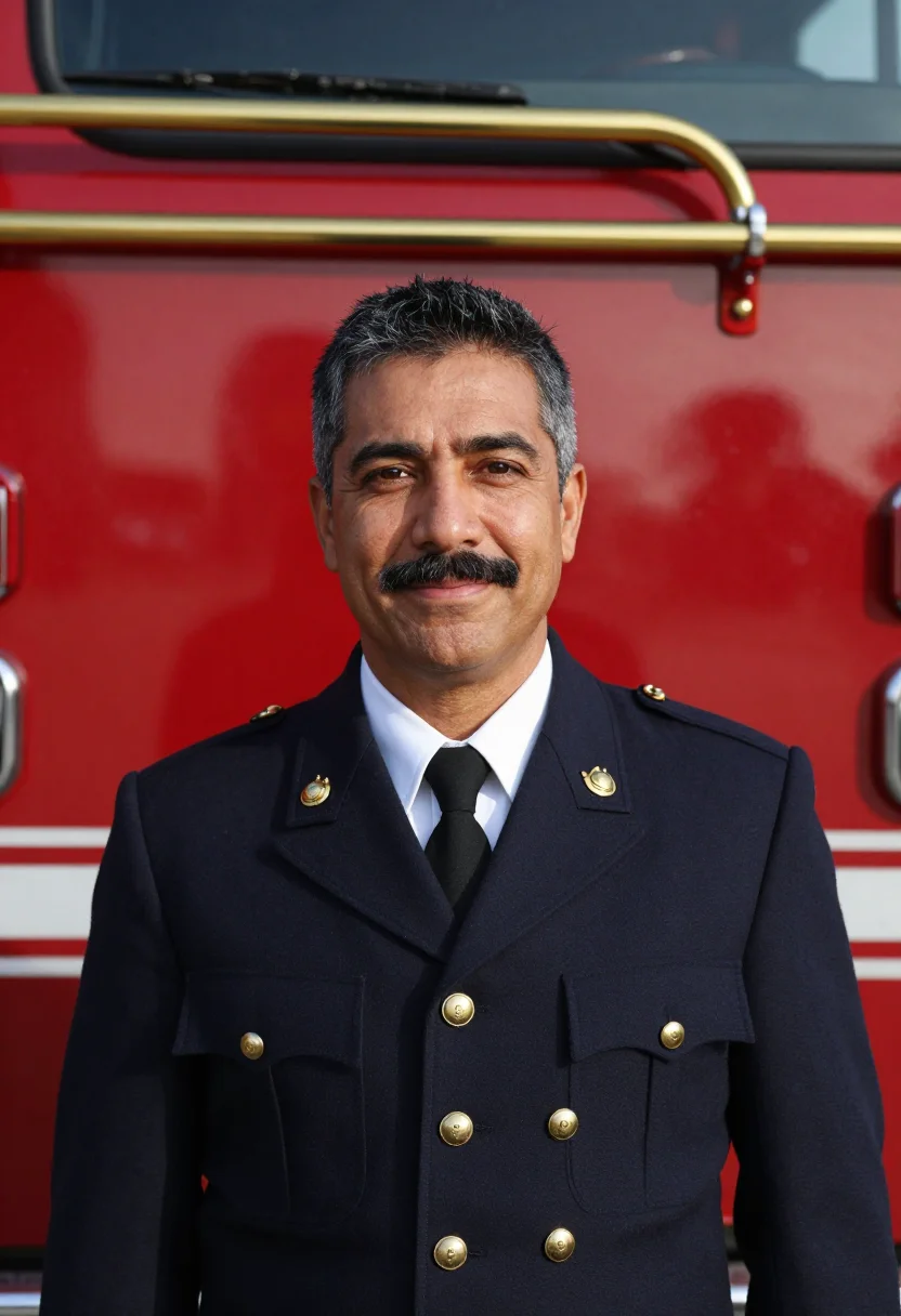 AI san francisco firehouse captain red brass sample — portrait of a man, of Italian-American descent, in his late