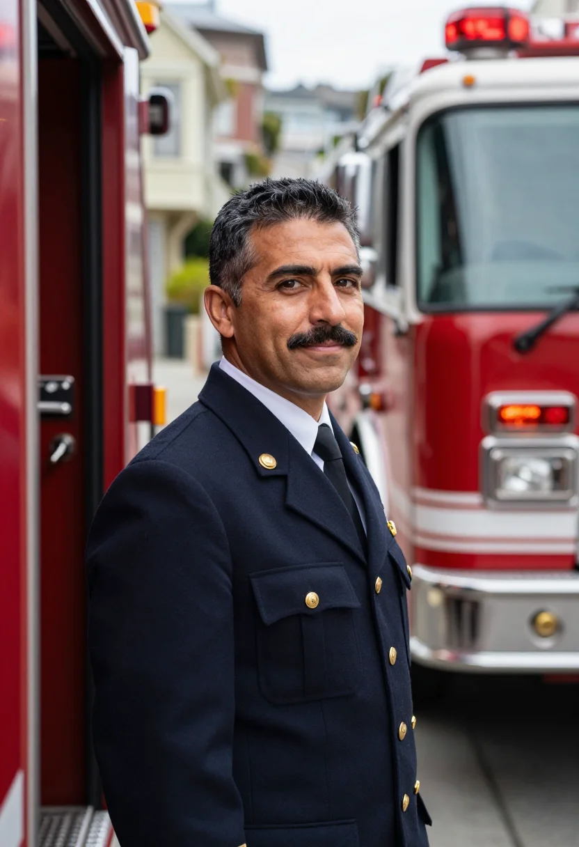 AI san francisco firehouse captain red brass sample — portrait of a man, of Italian-American descent, in his late