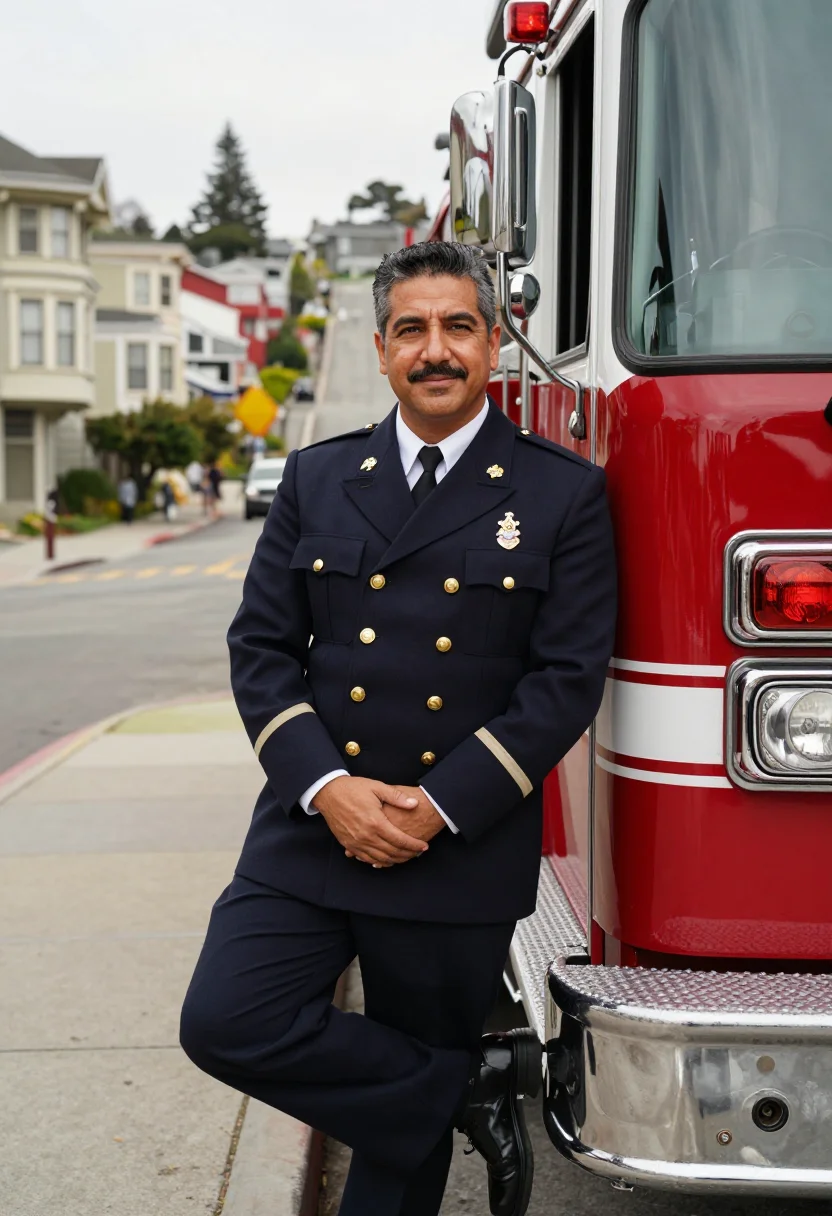 AI san francisco firehouse captain red brass sample — portrait of a man, of Italian-American descent, in his late