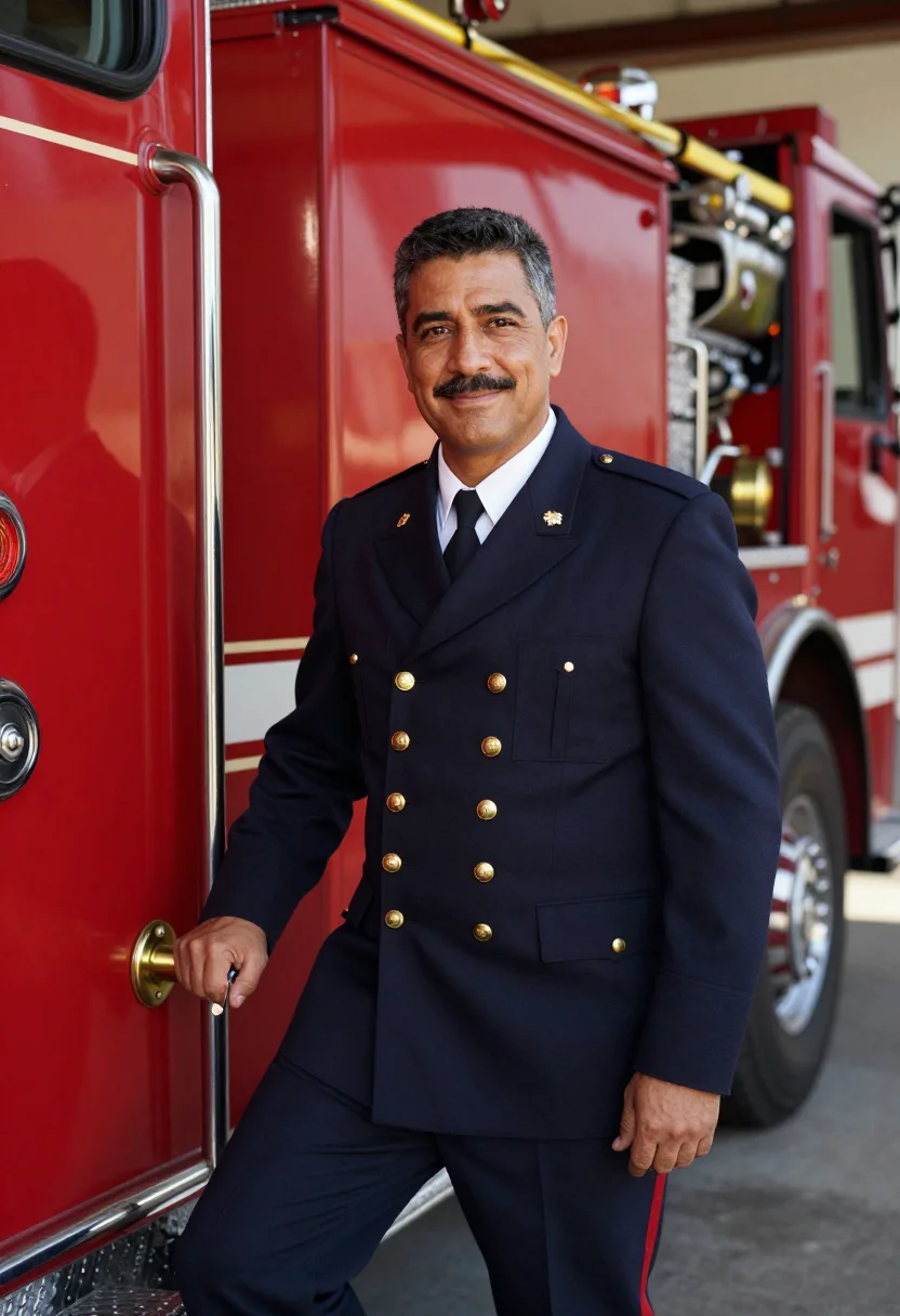 AI san francisco firehouse captain red brass sample — portrait of a man, of Italian-American descent, in his late