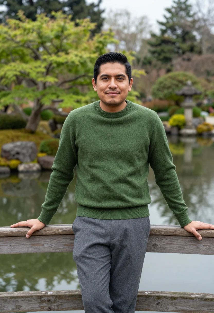 AI san francisco japanese tea garden april green sample — portrait of a man, framed half-length from the head to the h