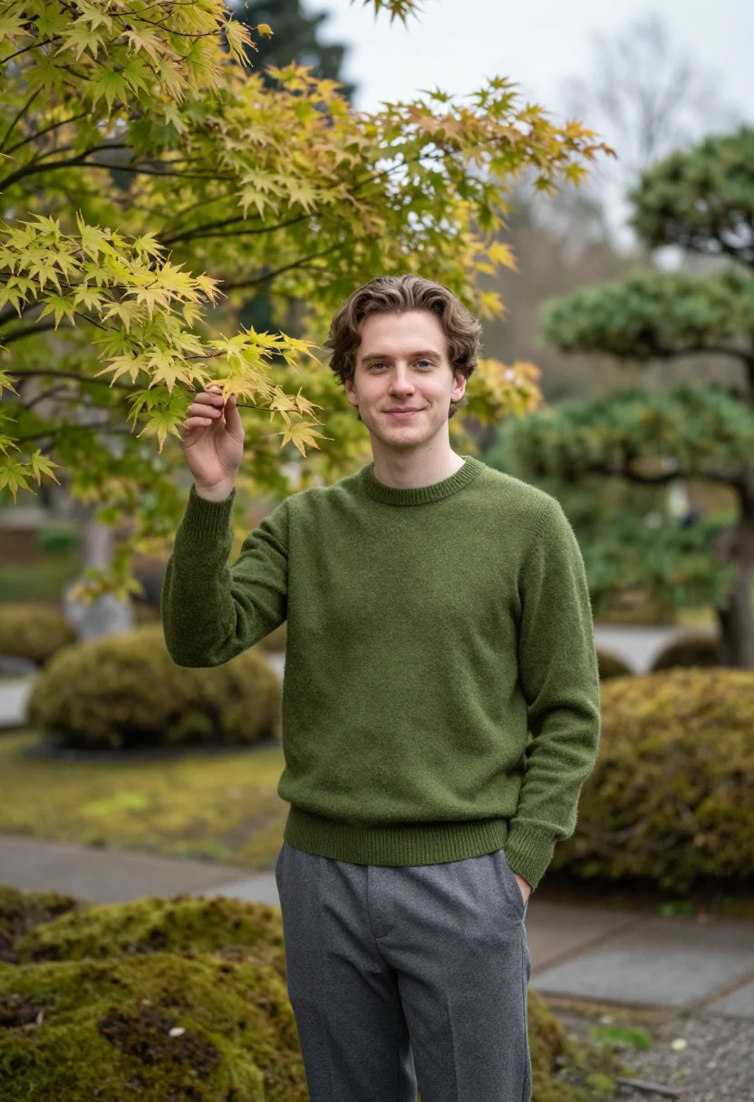 AI san francisco japanese tea garden april green sample — portrait of a man, framed half-length from the head to the h