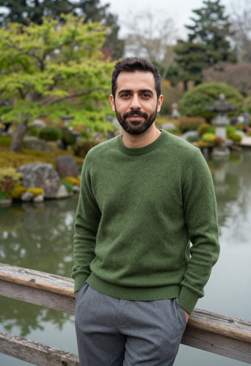 AI san francisco japanese tea garden april green sample — portrait of a man, framed tight, head and shoulders, the bod