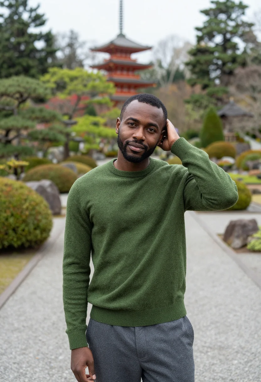 AI san francisco japanese tea garden april green sample — portrait of a man, framed chest-up, cropped at the ribs, the