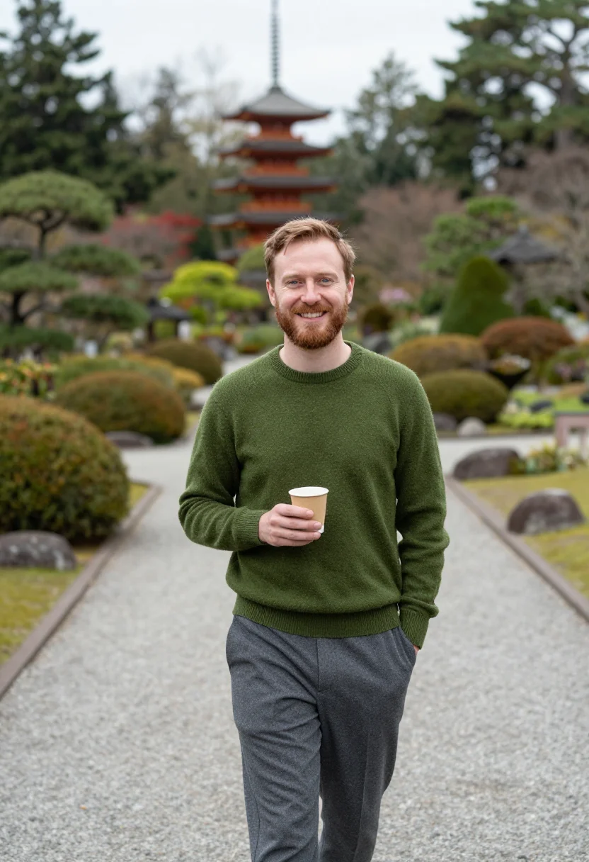 AI san francisco japanese tea garden april green sample — portrait of a man, framed half-length from the head to the h