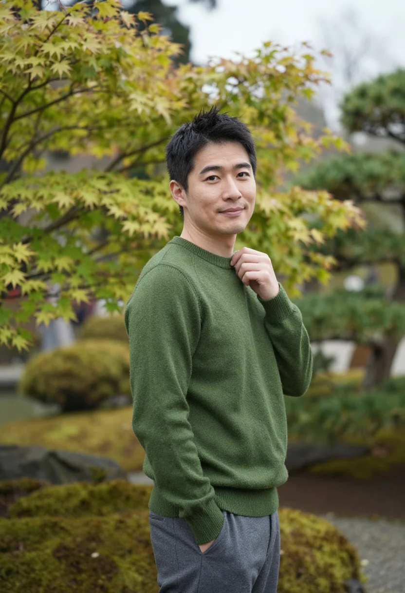 AI san francisco japanese tea garden april green sample — portrait of a man, framed chest-up, cropped at the ribs, the