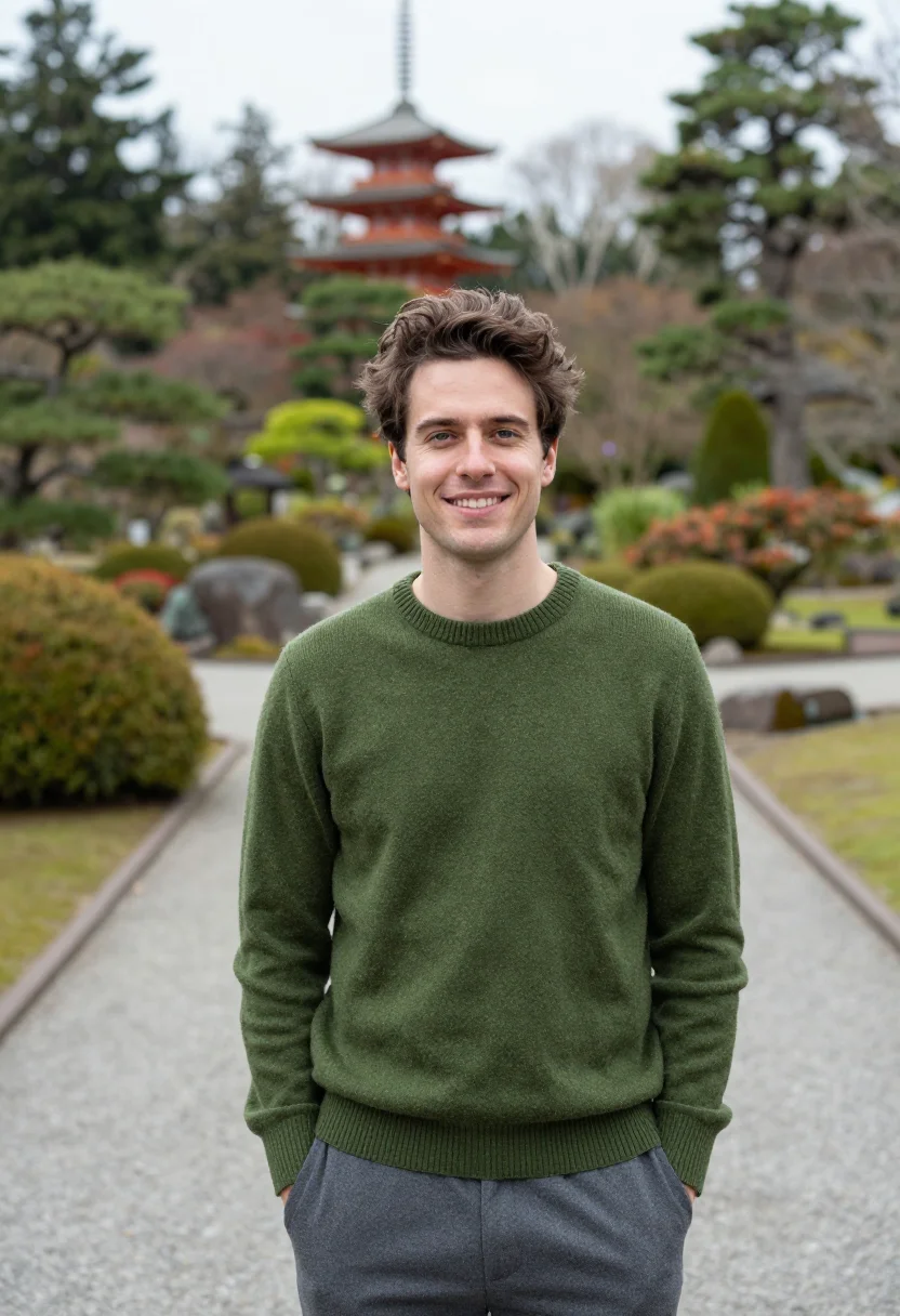 AI san francisco japanese tea garden april green sample — portrait of a man, framed tight, head and shoulders, the bod