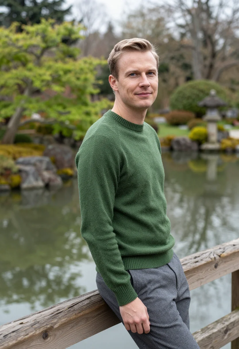 AI san francisco japanese tea garden april green sample — portrait of a man, framed chest-up, cropped at the ribs, the